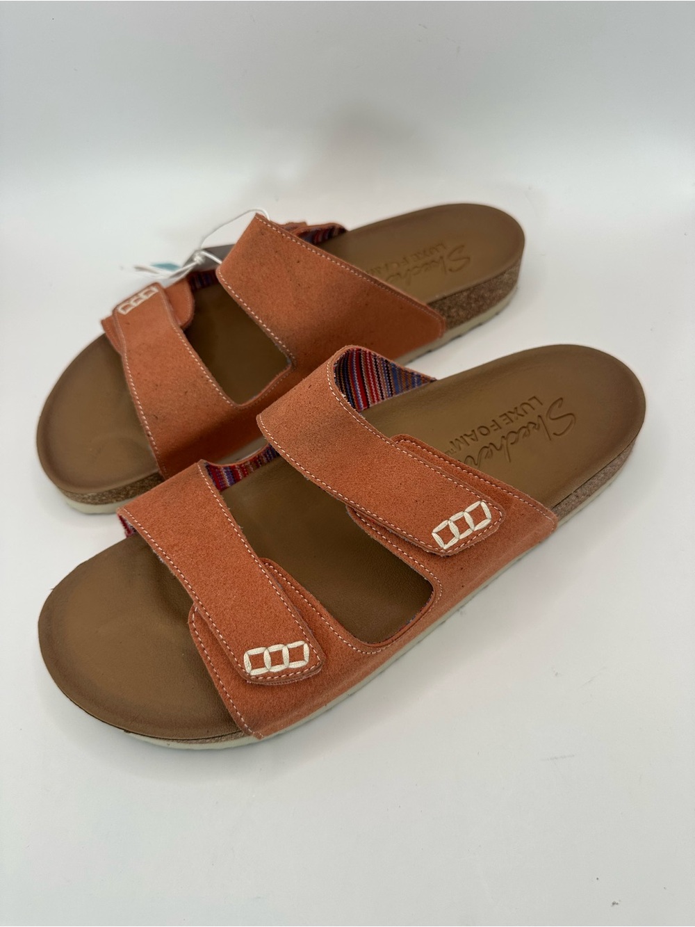 SKECHERS LUXE FOAM Fresh Spirit Slip On Flat Sandals Slides 2 Strap Women Sz 10